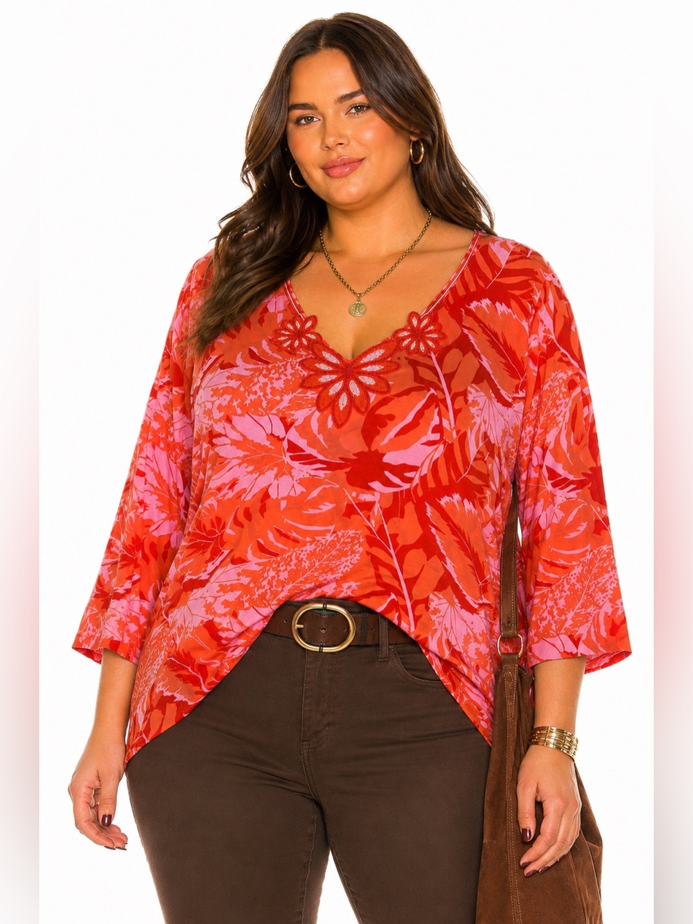 Soft Surroundings Floral Embellished V-Neck Tunic Top Pink Red Orange 1X